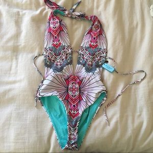 Kaleidoscope deep v halter neck cheeky monokini